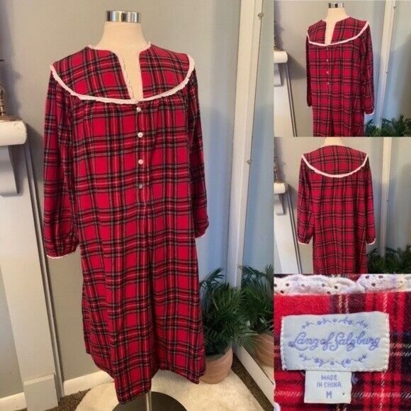 Lanz of Salzburg long Nightgown M red Plaid Cottagecore Prairie Grannycore - Picture 13 of 13